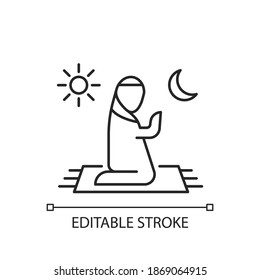 Prayer linear icon. Talking to god. Quite communication time. Spiritual things people can do. Thin line customizable illustration. Contour symbol. Vector isolated outline drawing. Editable stroke