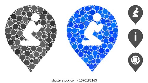 Prayer map marker mosaic of circle elements in variable sizes and color tones, based on prayer map marker icon. Vector circle elements are organized into blue collage.