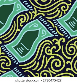 Prayer mat and doodle in dark blue seamless pattern. Hand drawn doodle and illustrations for sticker, postcard, wallpaper, mural, fabric, prints, etc