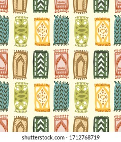 Prayer Mats seamless pattern. Islamic Rugs. Muslim Carpet. Islam religion symbol. Arabic Pattern. Rustic ornament. Vector.