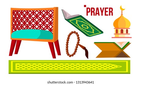 Prayer Muslim Items Vector. Koran, Rosary, Mosque. Isolated Flat Cartoon Illustration