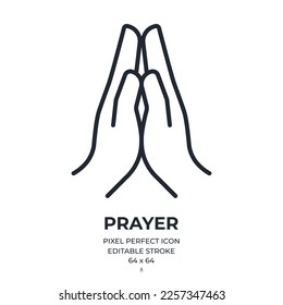 Prayer and namaste concept editable stroke outline icon isolated on white background flat vector illustration. Pixel perfect. 64 x 64.