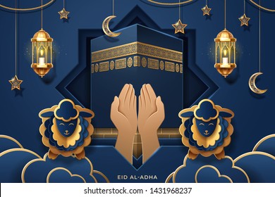 Prayer palms or hands in front of Kaaba for Eid al-Fitr or al-Adha, ul-Adha greeting card. Mecca Ka’bah holy stone and sheeps, lantern and crescent for muslim or islam holiday or festival. Religion