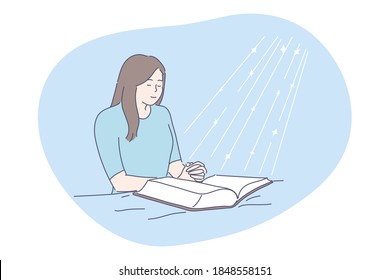 Prayer, religion, Bible concept. Young happy religious woman christian character praying above open Bible on bed. Asking and request or god lord faith and blessing cartoon vector illustration. 