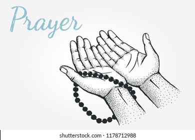 Prayer, religion conceptual art sketch. A man prays, holding a rosary in his hands. Vector hand drawn illustration.