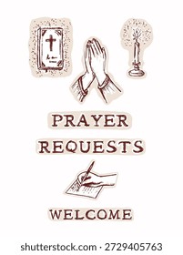 Prayer request hand drawn motif christian religious illustration. Flat isolated editale vector bundle set for church announcement, pilgrimage retreat or prayer for today sticker card