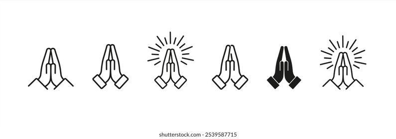 Icono de oración y respeto. Namaste, Gracias Emoji. Manos dobladas firman por gratitud. Iconos del vector.