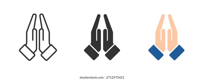 Prayer and Respect icon set. Pray icon collection, religion and prayer, hands praying icon set, linear pattern on white background. Sign of gratitude with folded hands. Vector