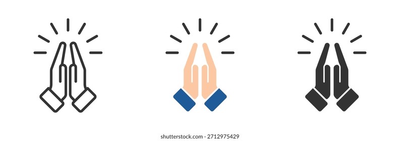 Symbol für Gebet und Respekt. Ikonensammlung beten, Religion und Gebet, Hände beten Ikonensatz, lineares Muster auf weißem Hintergrund. Zeichen der Dankbarkeit mit gefalteten Händen. Vektorgrafik
