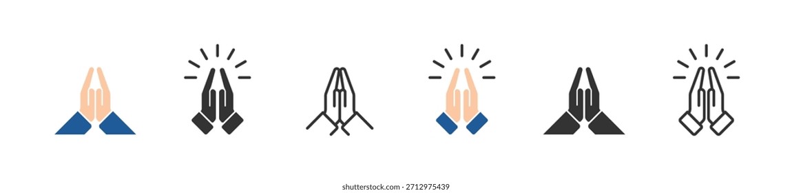 Symbol für Gebet und Respekt. Ikonensammlung beten, Religion und Gebet, Hände beten Ikonensatz, lineares Muster auf weißem Hintergrund. Zeichen der Dankbarkeit mit gefalteten Händen. Vektorgrafik