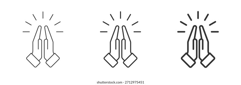 Symbol für Gebet und Respekt. Ikonensammlung beten, Religion und Gebet, Hände beten Ikonensatz, lineares Muster auf weißem Hintergrund. Zeichen der Dankbarkeit mit gefalteten Händen. Vektorgrafik