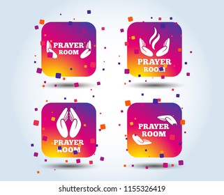 Prayer room icons. Religion priest faith symbols. Pray with hands. Colour gradient square buttons. Flat design concept. Vector