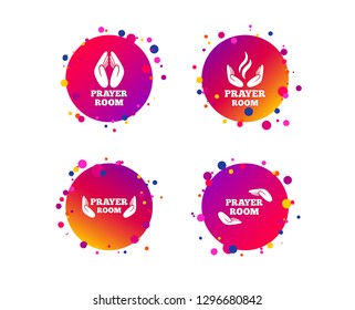 Prayer room icons. Religion priest faith symbols. Pray with hands. Gradient circle buttons with icons. Random dots design. Vector