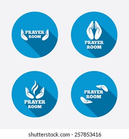 Prayer room icons. Religion priest faith symbols. Pray with hands. Circle concept web buttons. Vector