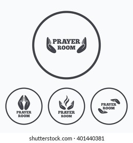 Prayer room icons. Religion priest faith symbols. Pray with hands. Icons in circles.