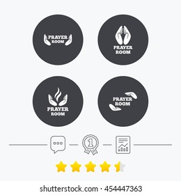 Prayer room icons. Religion priest faith symbols. Pray with hands. Chat, award medal and report linear icons. Star vote ranking. Vector