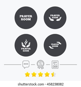 Prayer room icons. Religion priest faith symbols. Pray with hands. Chat, award medal and report linear icons. Star vote ranking. Vector