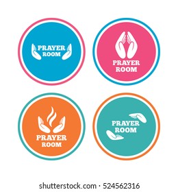 Prayer room icons. Religion priest faith symbols. Pray with hands. Colored circle buttons. Vector