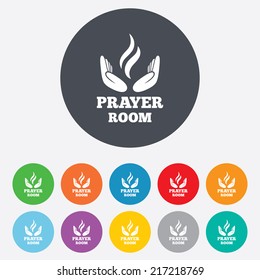 Prayer room sign icon. Religion priest faith symbol. Pray with hands. Round colourful 11 buttons. Vector
