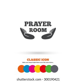 Prayer room sign icon. Religion priest faith symbol. Pray with hands. Classic flat icon. Colored circles. Vector