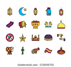 prayer rug and Eid mubarak icon set over white background, line and fill style, vector illustration