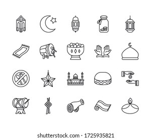 alfombra de oración e icono de Eid mubarak sobre fondo blanco, estilo de línea, ilustración vectorial