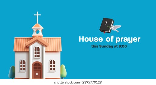 Prayer schedule poster with 3d render church building and Bible with dove, pray for peace