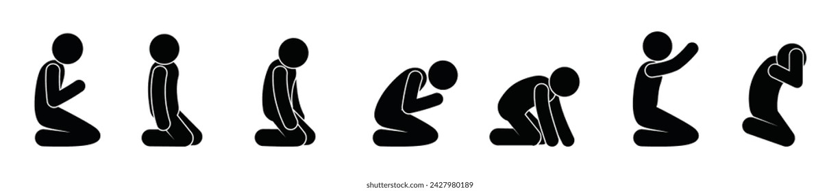 prayer set of icons, stick figure of a man praying on his knees