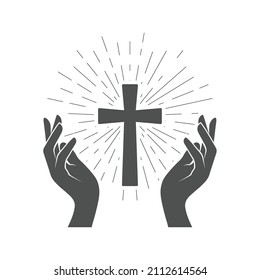 Prayer symbol, shining Crucifix and hands of believer, holy cross worship, vector