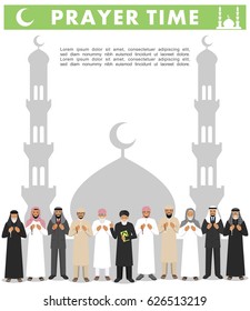 Prayer time. Different standing praying muslim arabic people and mullah in traditional arabian clothes. Mufti with quran. Islamic men with beads in hands pray. Silhouette of a mosque and minarets.