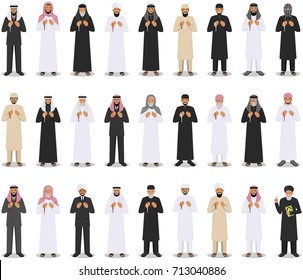 Prayer time. Different standing praying muslim arabic people and mullah in traditional arabian clothes. Mufti with quran. Islamic men with beads in hands pray. Vector illustration.