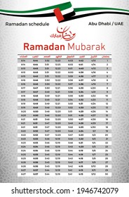 Prayer times schedule for Ramadan 2021, Abu Dhabi time with UAE flag.