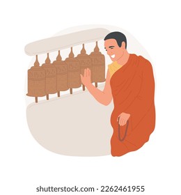 Prayer wheels isolated cartoon vector illustration. Buddhism man touching prayer wheels, religious Holy days, Tibetian observances and practices, spirituality belief vector cartoon.