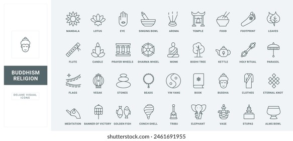 Prayer and yoga meditation of monk Buddhist, dharma wheel and umbrella, stone temple with bell and stupa thin black and red outline religious symbols, vector illustration. Buddhism line icons set