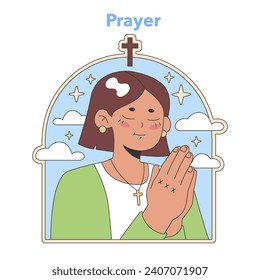 Prayerful devotion illustration. A serene woman with clasped hands and a cross necklace, symbolizing personal faith and reflection in Christianity. Flat vector illustration.