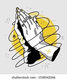 Prayers hands sculpture. Vector illustration hand drawn. Creative geometric style.
