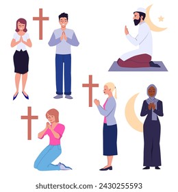 Prayers of various religions explore holy practices, flat vector illustration isolated on white background. Prayers and preachers of Christian and Islamic.