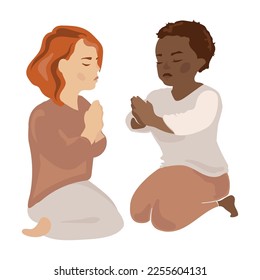 Orando niños afroamericanos y caucásicos, niñas y niños. Niños pequeños con las manos plegadas en la ilustración vectorial de oración aislados en el fondo blanco. Religión, cristiandad, concepto de fe.