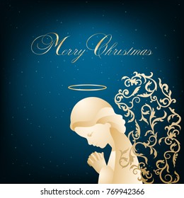 A praying angel with delicate wings on a dark cyan snowy background. The upper part of angel silhouette in profile view. Isolated vector object with golden gradient. Merry Christmas congratulation.