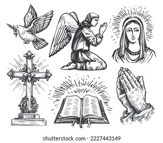 Praying angel, Folded hands in prayer, Christian cross, Bible book, Flying dove with olive branch, Holy Maria