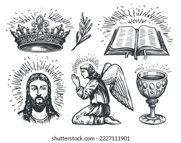 Praying angel, Portrait face Jesus Christ, Holy Grail, Open Bible book, Heavenly crown, Olive branch. Religion symbols