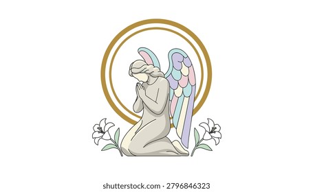 Praying angel statue kneels before a gold ring, flanked by white lily flowers, to convey themes of peace, spirituality, faith, and religious devotion in artistic design.