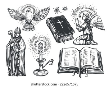 Praying angel with wings, Holy Bible book, Lit candle, Flying dove messenger, Bishop. Religion vector illustration