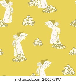 Praying angels seamless pattern on lemon yellow background. Easter background, Catholicism backdrop, Christianity repeat, modern faith and destiny concept.