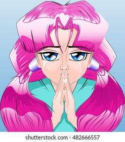 Praying anime style female character with purple hair.