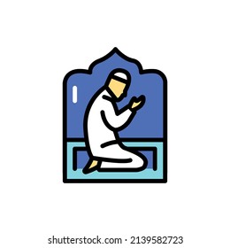 Praying arab at night line color icon. Isolated vector element. Outline pictogram for web page, mobile app, promo
