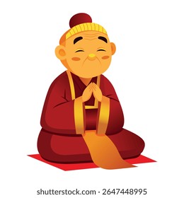 Praying asian monk character, flat style illustration