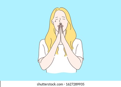 Praying, asking for God help concept. Young girl with folded hands and closed eyes, crying, asking for forgiveness, repenting, regretting, religious woman shriving. Simple flat vector