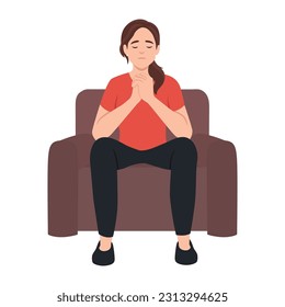 Praying, asking for God help concept. Young girl with folded hands and closed eyes, crying, asking for forgiveness, repenting, regretting, religious woman shriving. Flat vector