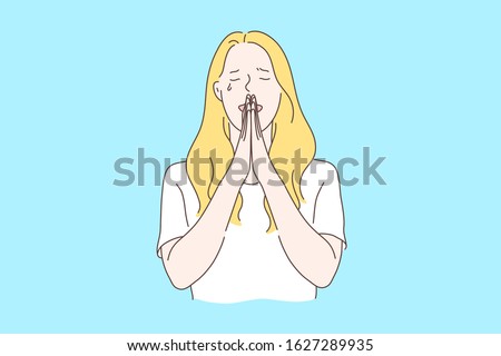 Praying, asking for God help concept. Young girl with folded hands and closed eyes, crying, asking for forgiveness, repenting, regretting, religious woman shriving. Simple flat vector Stock foto © 